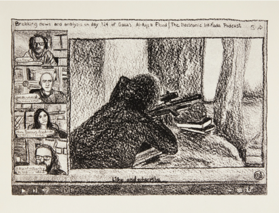 On the right is a charcoal drawing of a figure aiming a rifle. On the left, there are four short thumbnails of individuals.
